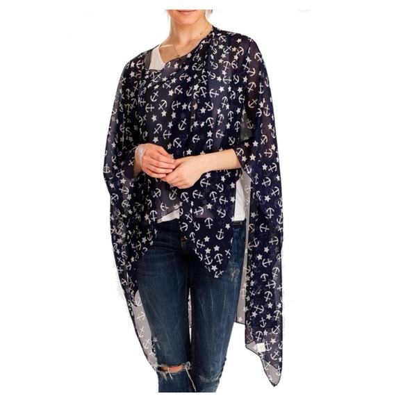 Anchor & Star Print Women's Navy Blue Semi Sheer Pullover Kimono Top One Size - Picture 1 of 4